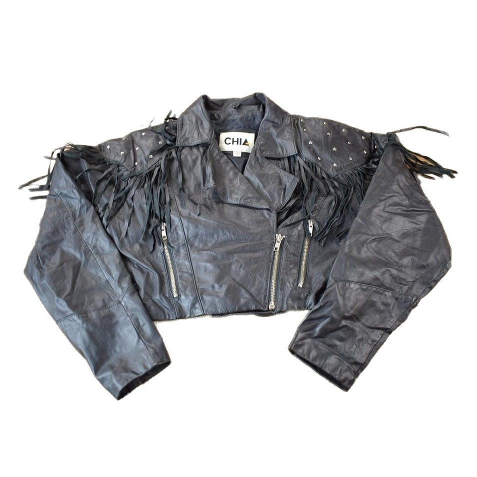 Vintage 1990s Chia Black Fringe Leather Jacket Women's XS from propervintagecanada