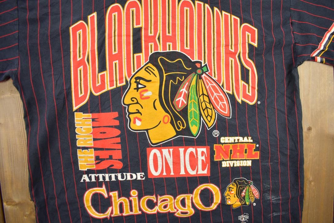 Vintage 1990s Chicago Blackhawks NHL All Over Print Graphic T-Shirt Men's Large from propervintagecanada