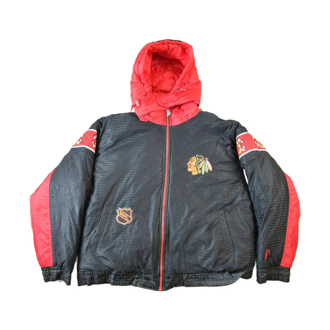 Vintage 1990s Chicago Blackhawks Reversible NHL Hockey Puffer Hooded Jacket from propervintagecanada