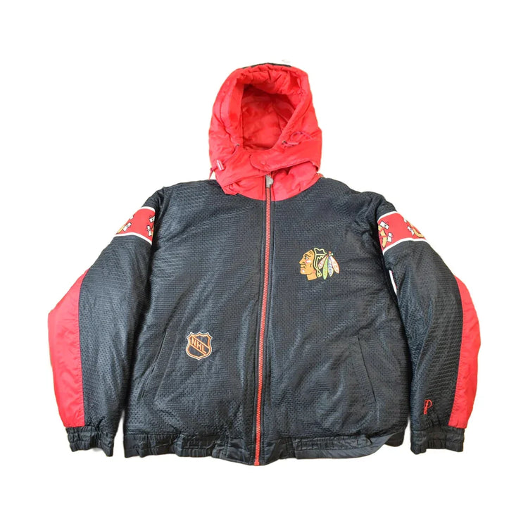 Vintage 1990s Chicago Blackhawks Reversible NHL Hockey Puffer Hooded Jacket from propervintagecanada