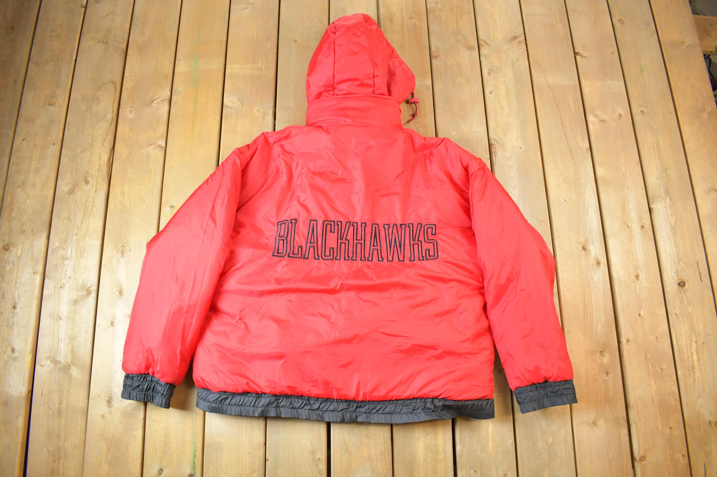 Vintage 1990s Chicago Blackhawks Reversible NHL Hockey Puffer Hooded Jacket from propervintagecanada