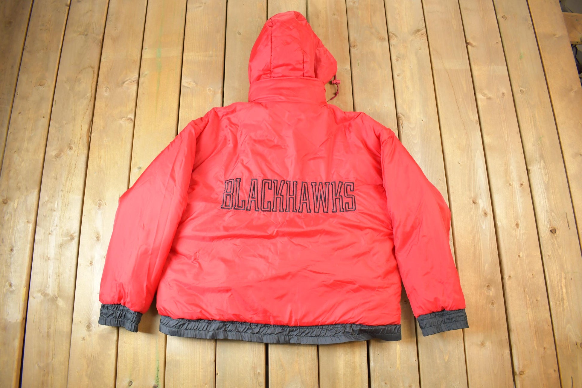 Vintage 1990s Chicago Blackhawks Reversible NHL Hockey Puffer Hooded Jacket from propervintagecanada