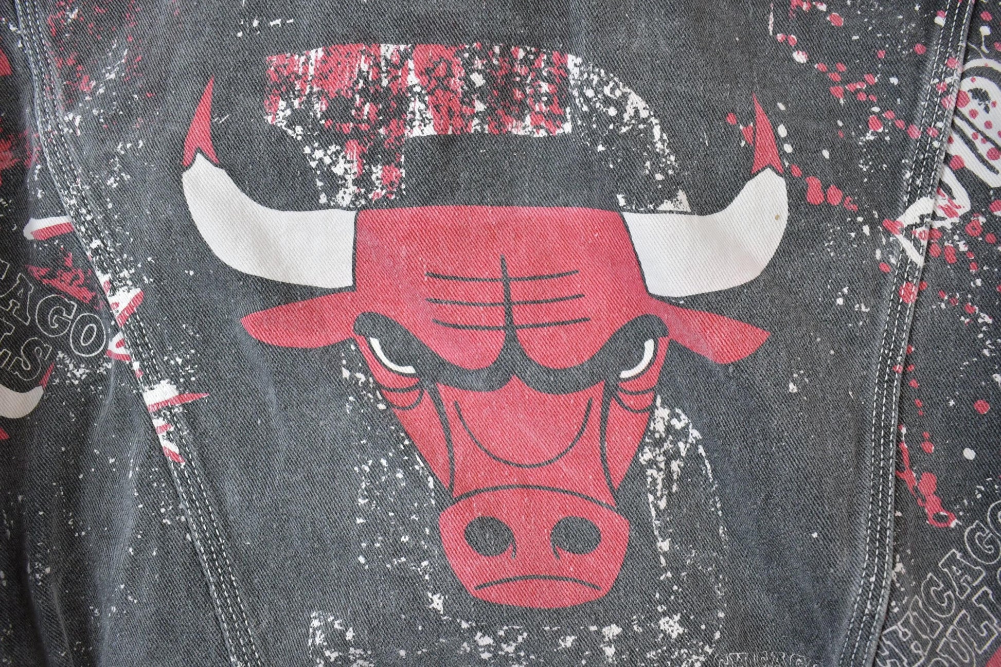 Vintage 1990s Chicago Bulls All Over Print NBA Basketball Boxy Fit Jean Jacket from propervintagecanada