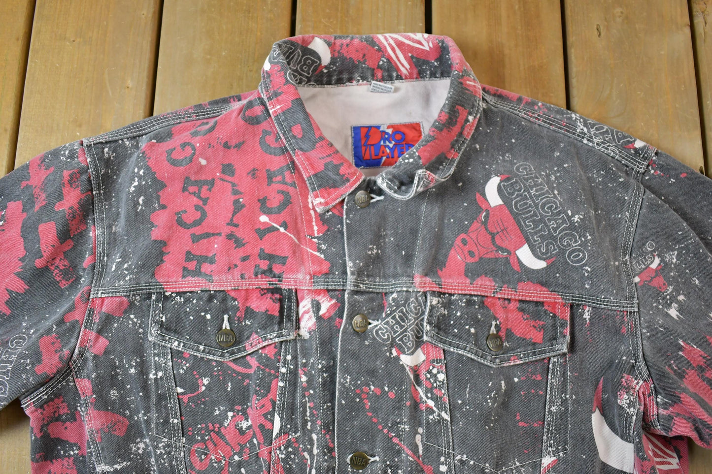 Vintage 1990s Chicago Bulls All Over Print NBA Basketball Boxy Fit Jean Jacket from propervintagecanada