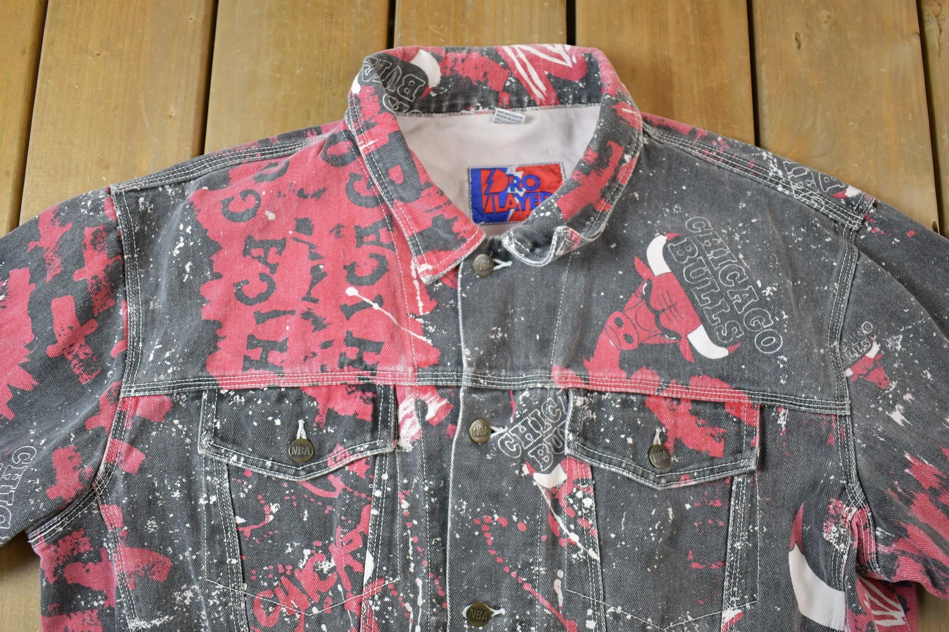 Vintage 1990s Chicago Bulls All Over Print NBA Basketball Boxy Fit Jean Jacket from propervintagecanada