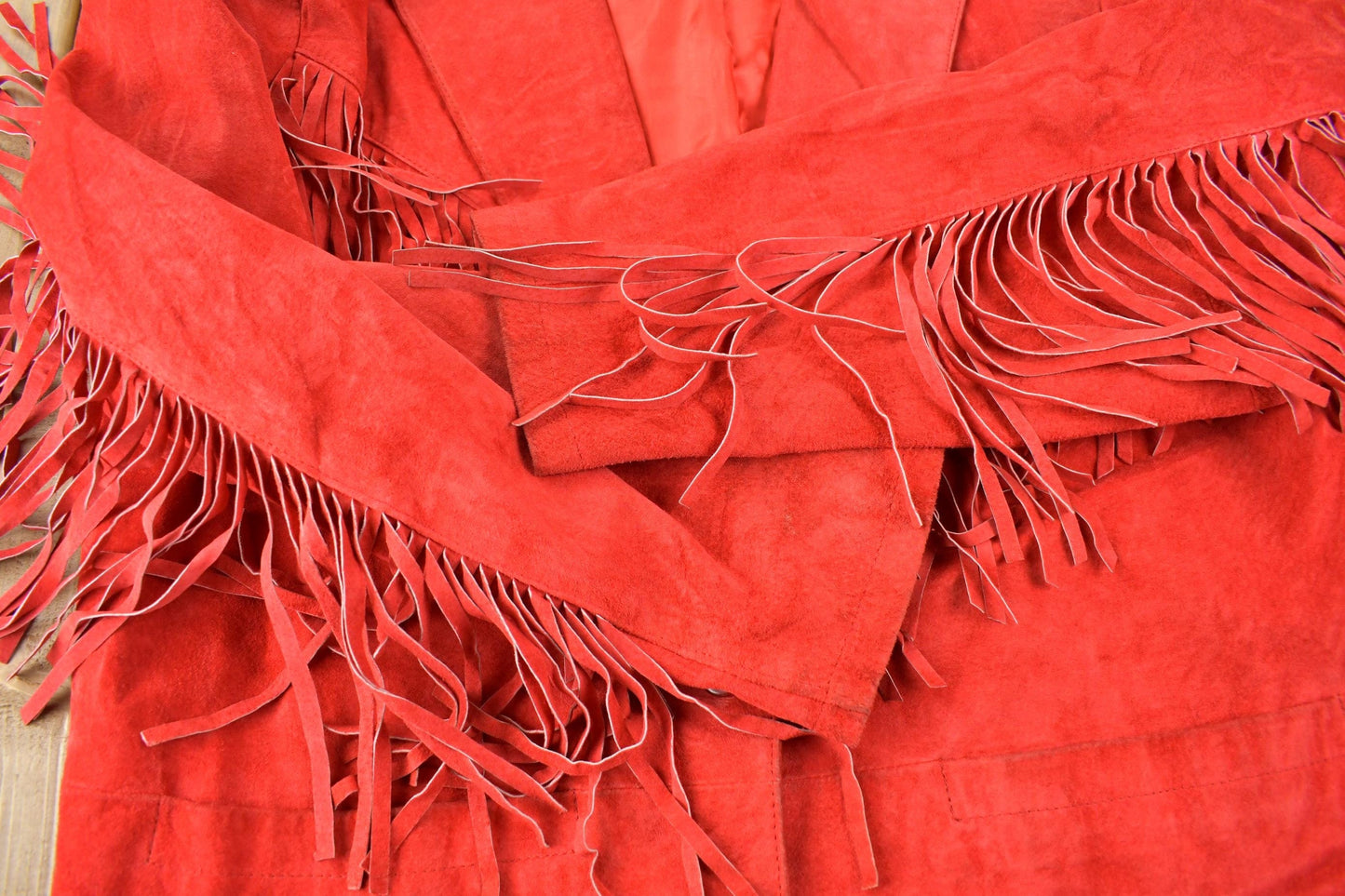 Vintage 1990s CHICO'S Design Red Suede Fringe Jacket Women's M from propervintagecanada