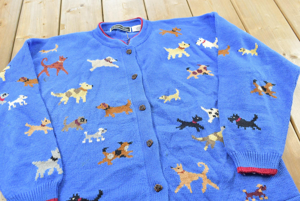 Vintage 1990s Christine Foley Dogs Knit Cardigan Sweater Women's XL / Nature Animal Puppies / 90s Streetwear from propervintagecanada