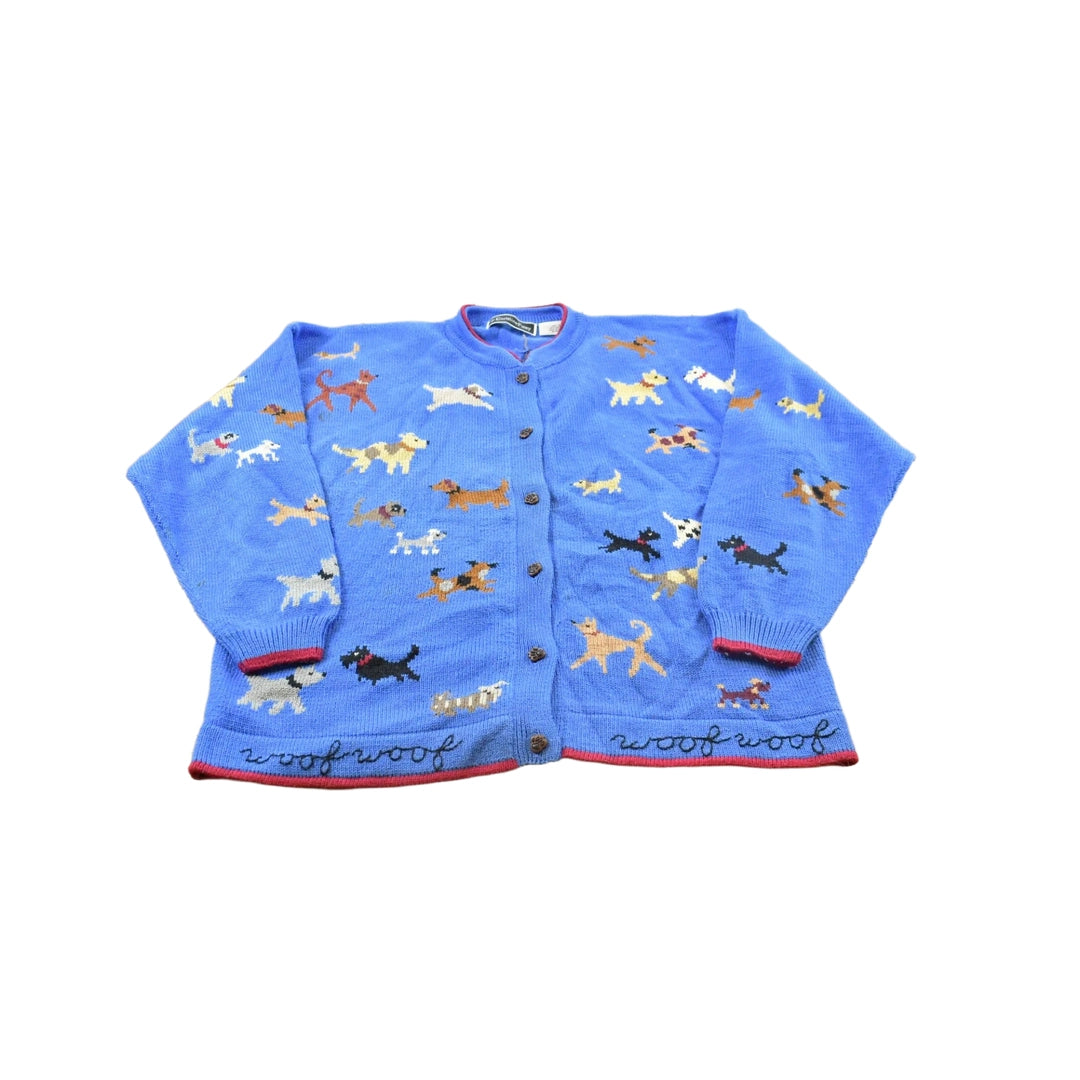 Vintage 1990s Christine Foley Dogs Knit Cardigan Sweater Women's XL / Nature Animal Puppies / 90s Streetwear from propervintagecanada