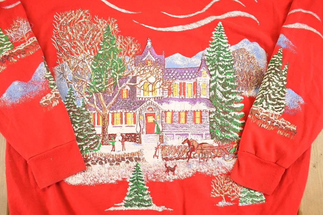 Vintage 1990s Christmas AOP Souvenir Crewneck Sweatshirt Mens L from propervintagecanada