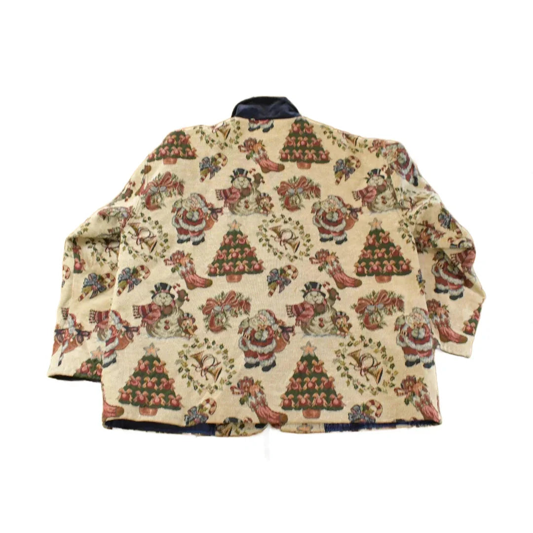 Vintage 1990s Christmas Graphic Patchwork Button Up Jacket Women's 2XL / Tapestry All Over Print / Festive / Winter Theme from propervintagecanada