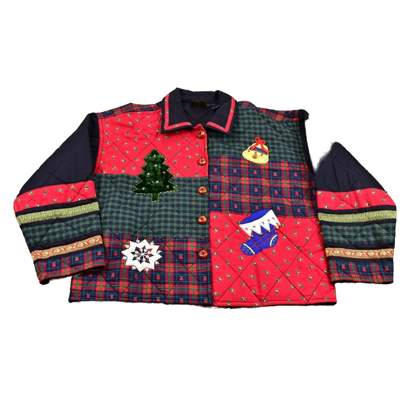 Vintage 1990s Christmas Graphic Patchwork Color Block Quilted Button Up Sweater Women's XL from propervintagecanada