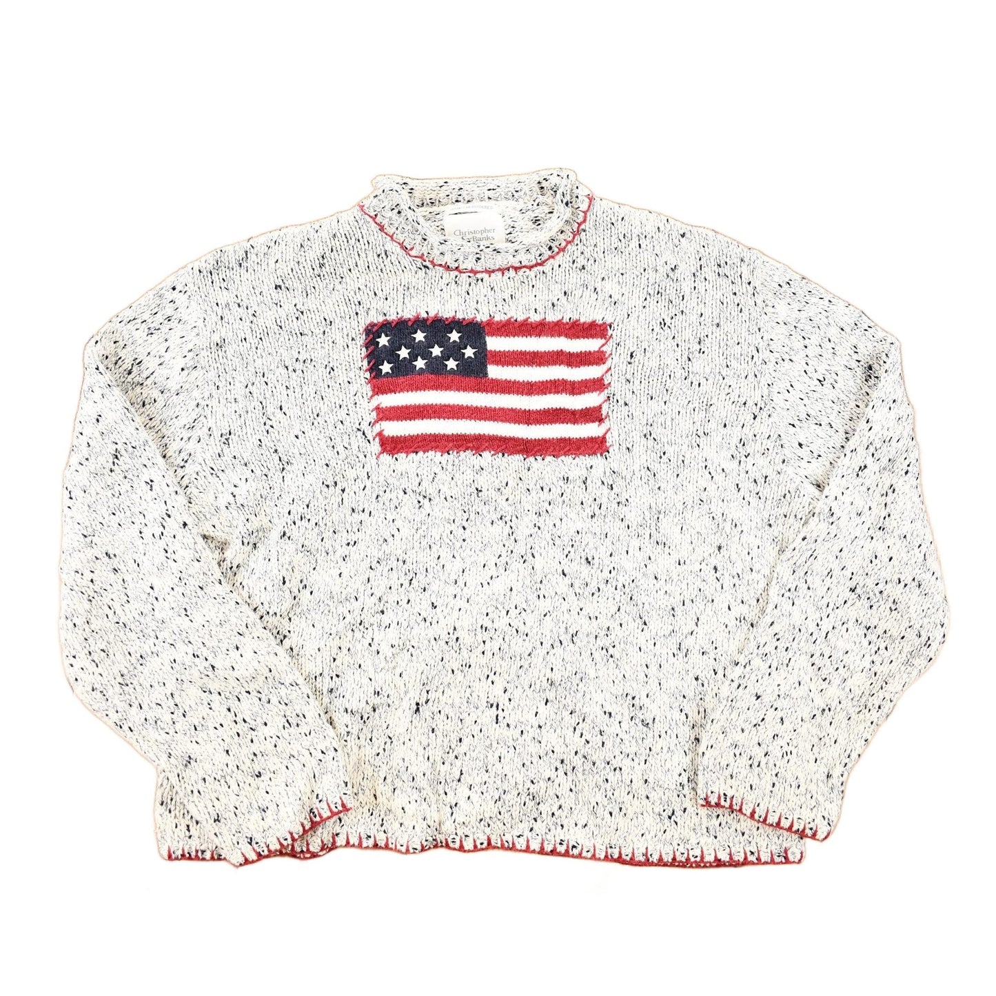 Vintage 1990s Christopher And Banks Hand Embroidered American Flag Chunky Knit Crewneck Sweater Mens M from propervintagecanada