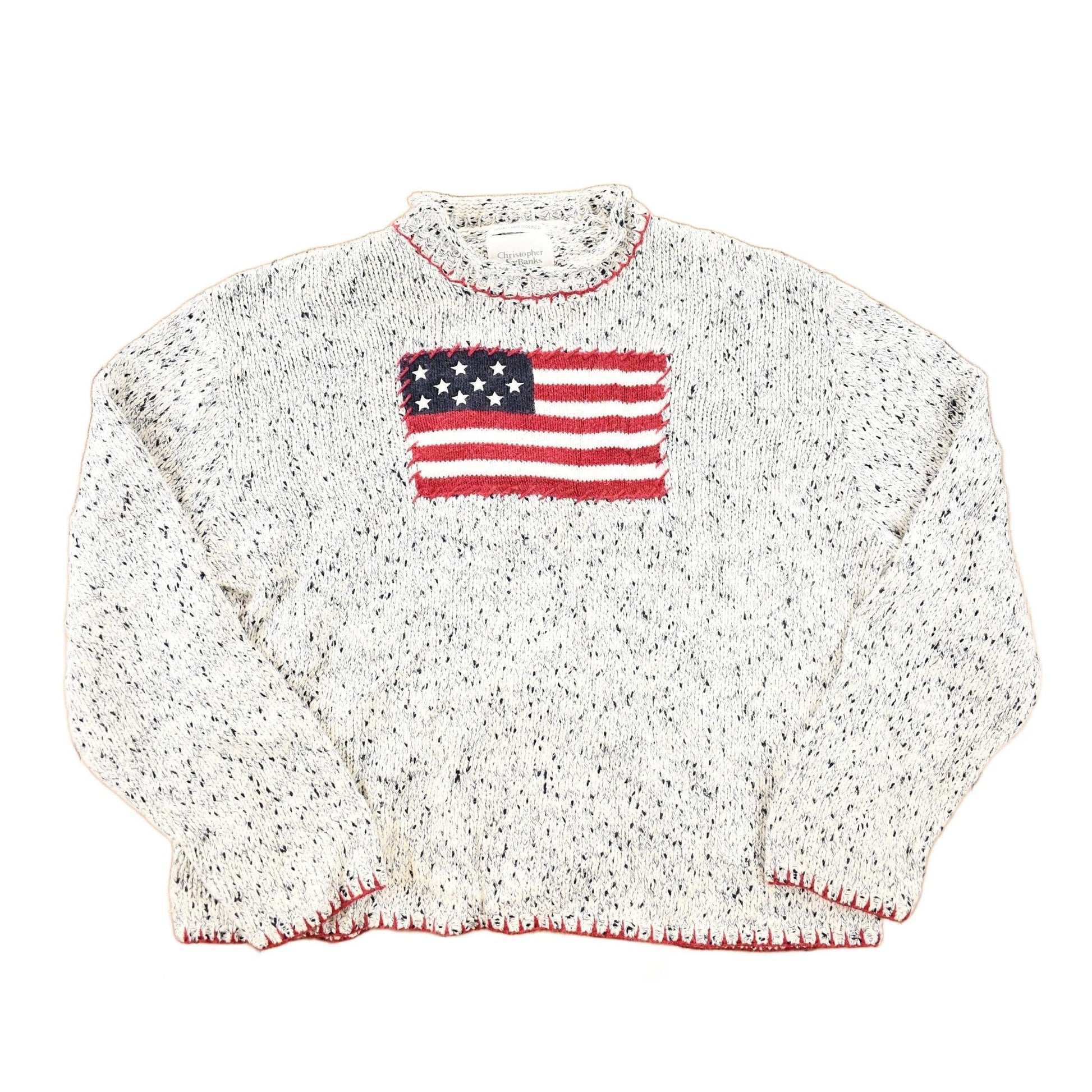 Vintage 1990s Christopher And Banks Hand Embroidered American Flag Chunky Knit Crewneck Sweater Mens M from propervintagecanada