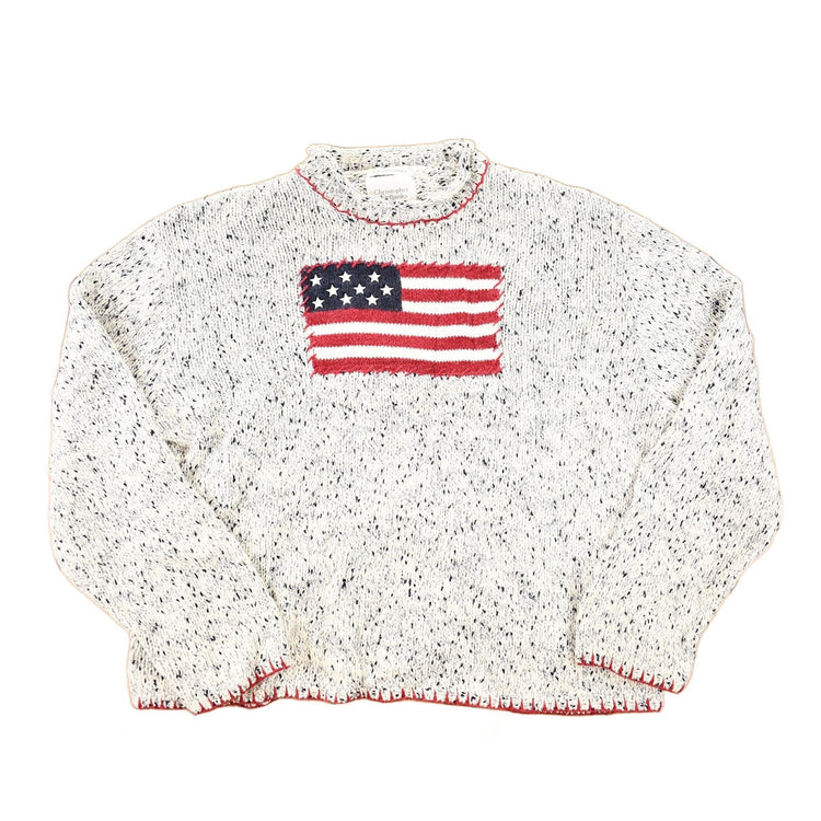 Vintage 1990s Christopher And Banks Hand Embroidered American Flag Chunky Knit Crewneck Sweater Mens M from propervintagecanada