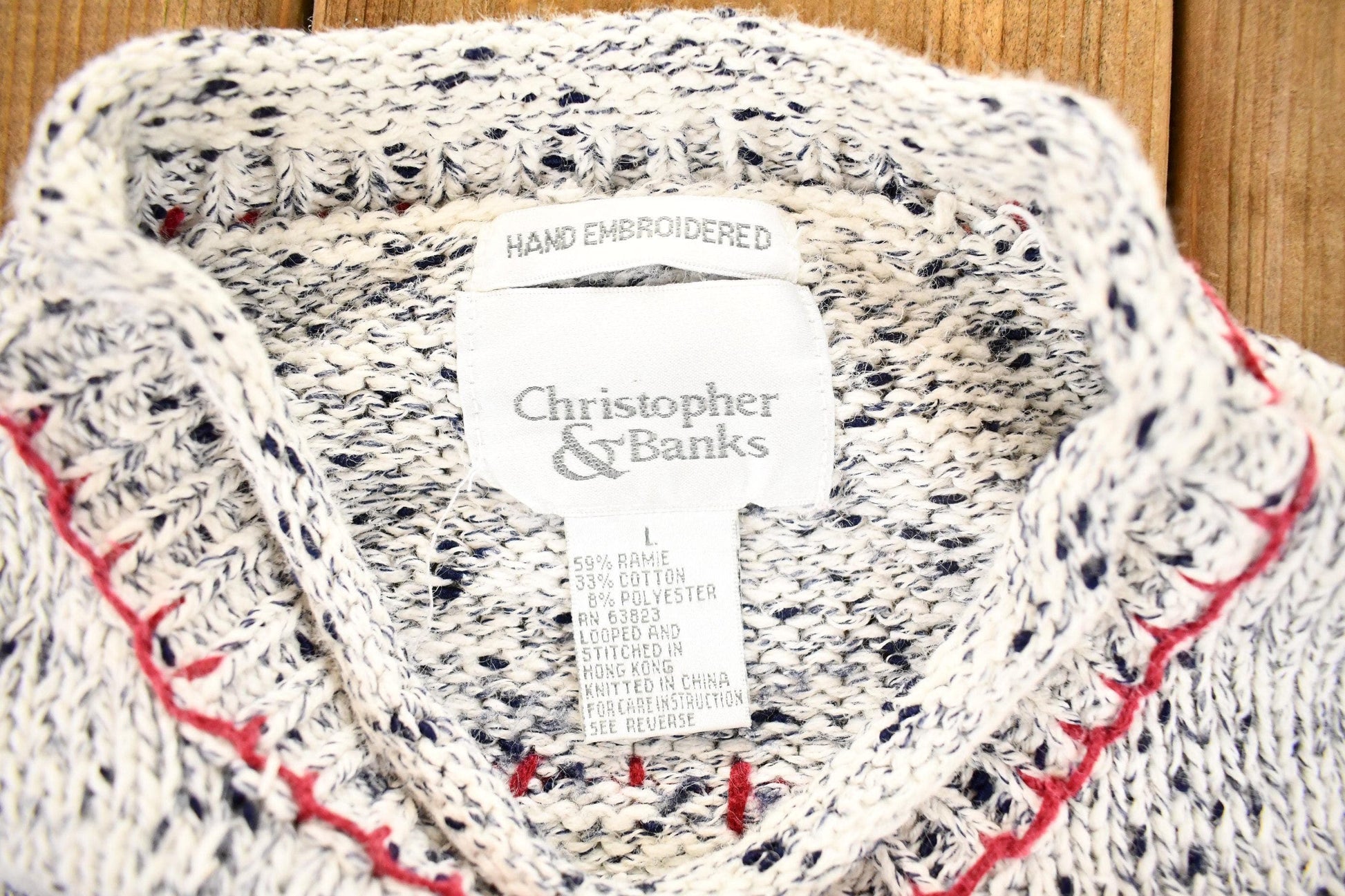 Vintage 1990s Christopher And Banks Hand Embroidered American Flag Chunky Knit Crewneck Sweater Mens M from propervintagecanada