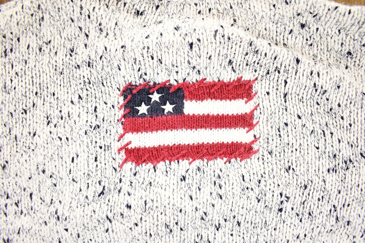 Vintage 1990s Christopher And Banks Hand Embroidered American Flag Chunky Knit Crewneck Sweater Mens M from propervintagecanada