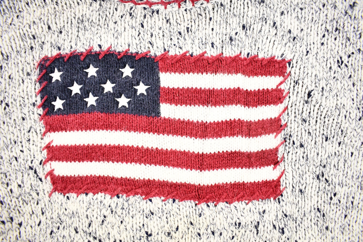 Vintage 1990s Christopher And Banks Hand Embroidered American Flag Chunky Knit Crewneck Sweater Mens M from propervintagecanada