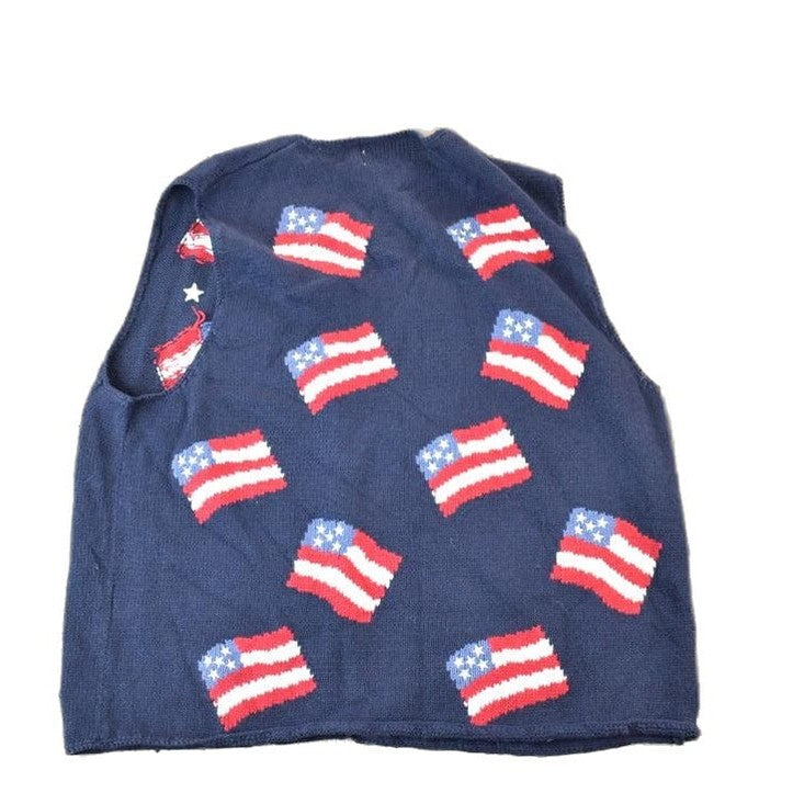 Vintage 1990s Christopher & Banks AOP American Flag Knit Abstract Pattern Cardigan Sweater Vest Men's XL from propervintagecanada