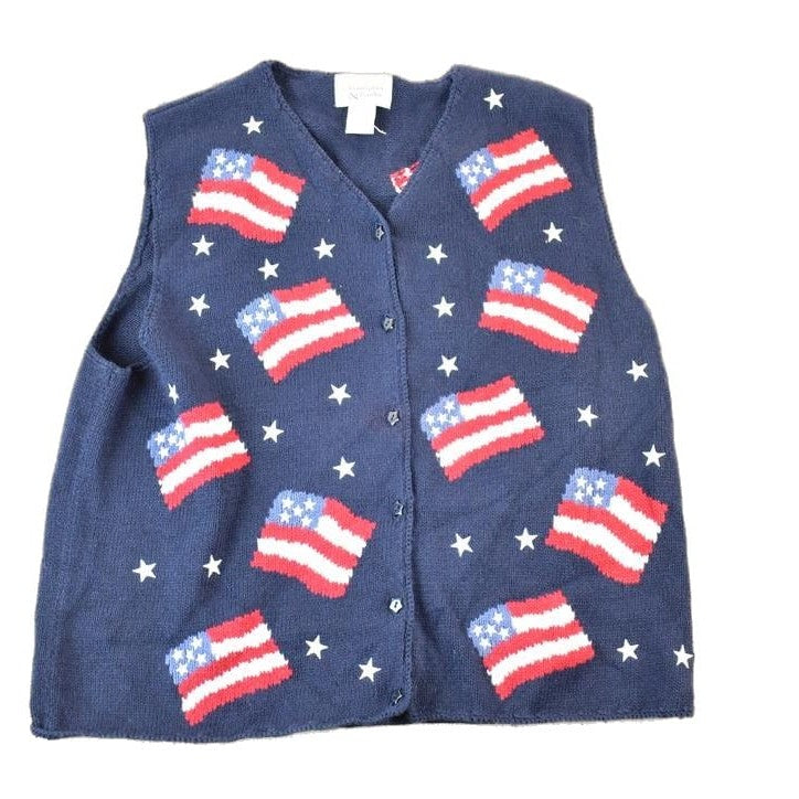 Vintage 1990s Christopher & Banks AOP American Flag Knit Abstract Pattern Cardigan Sweater Vest Men's XL from propervintagecanada