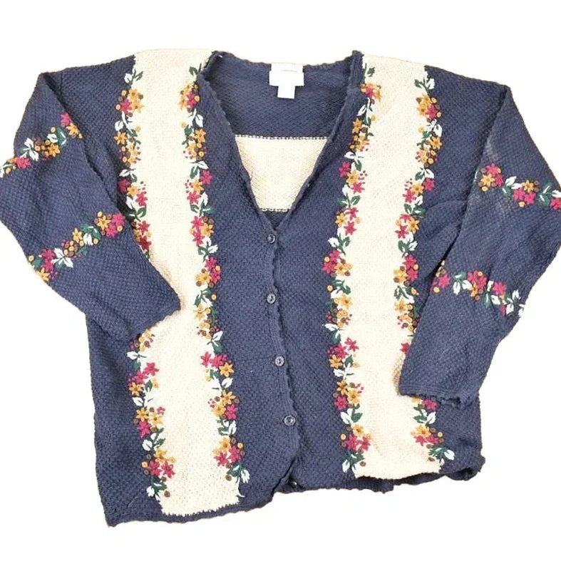 Vintage 1990s Christopher & Banks Hand Embroidered Floral Knit Cardigan Sweater Womens L from propervintagecanada