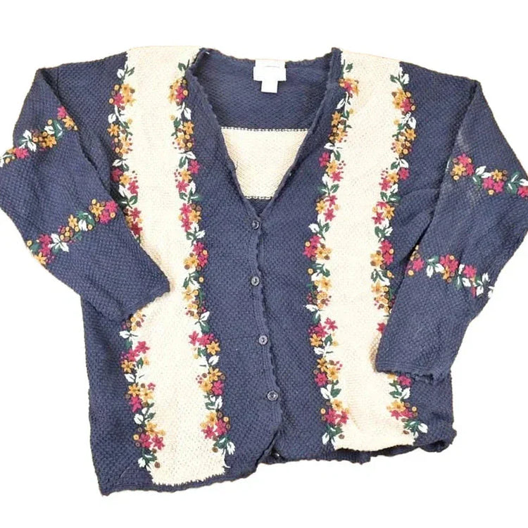 Vintage 1990s Christopher & Banks Hand Embroidered Floral Knit Cardigan Sweater Womens L from propervintagecanada