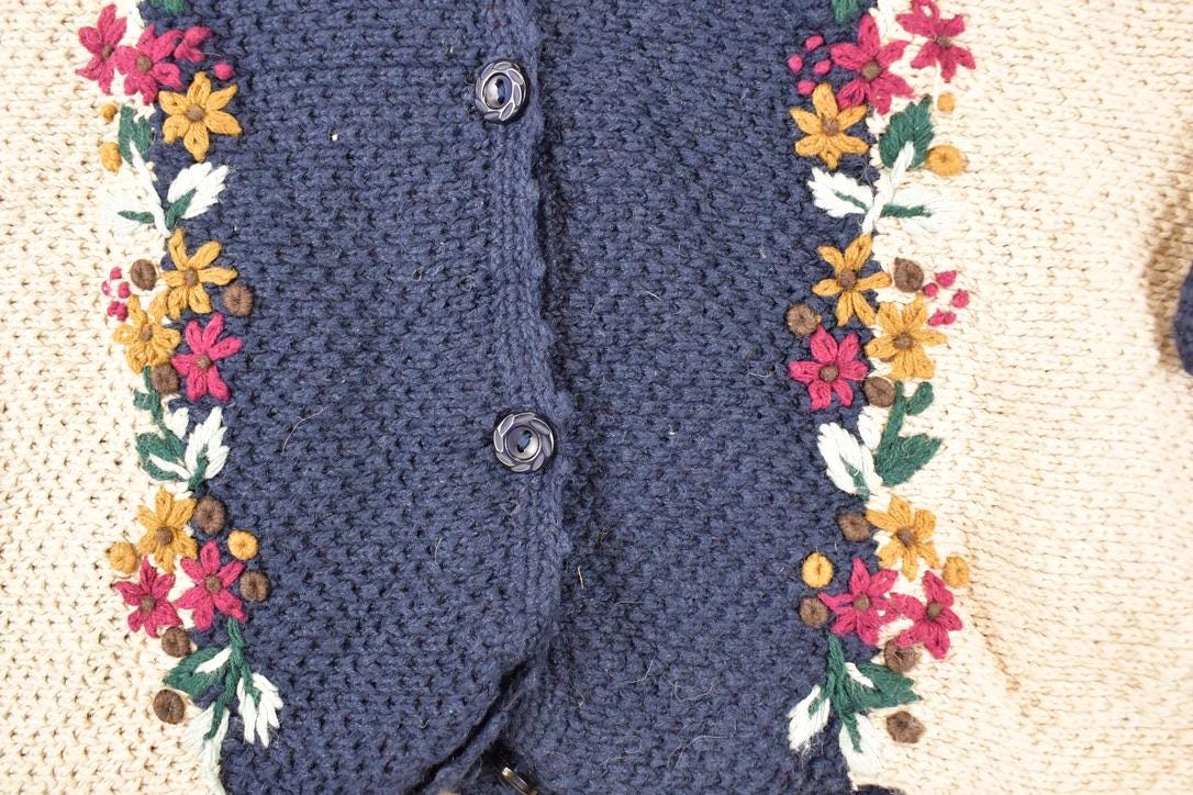 Vintage 1990s Christopher & Banks Hand Embroidered Floral Knit Cardigan Sweater Womens L from propervintagecanada
