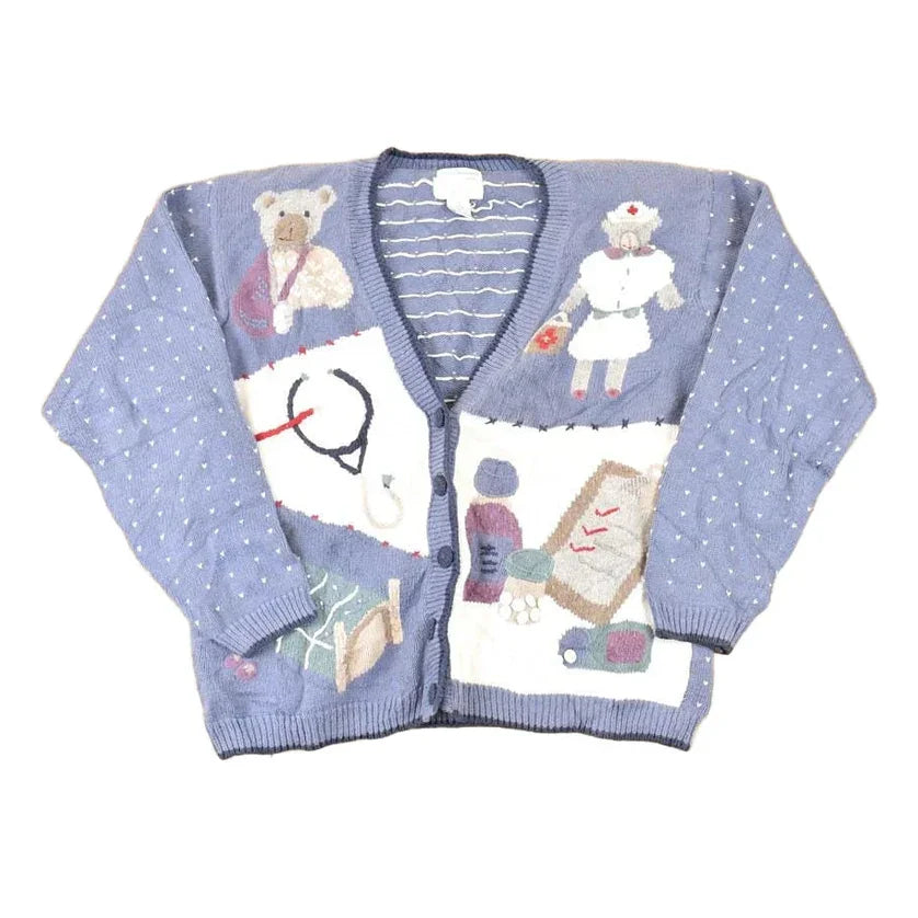 Vintage 1990s Christopher & Banks Teddy Bear Hand Embroidered Knit Cardigan Sweater Women's M from propervintagecanada