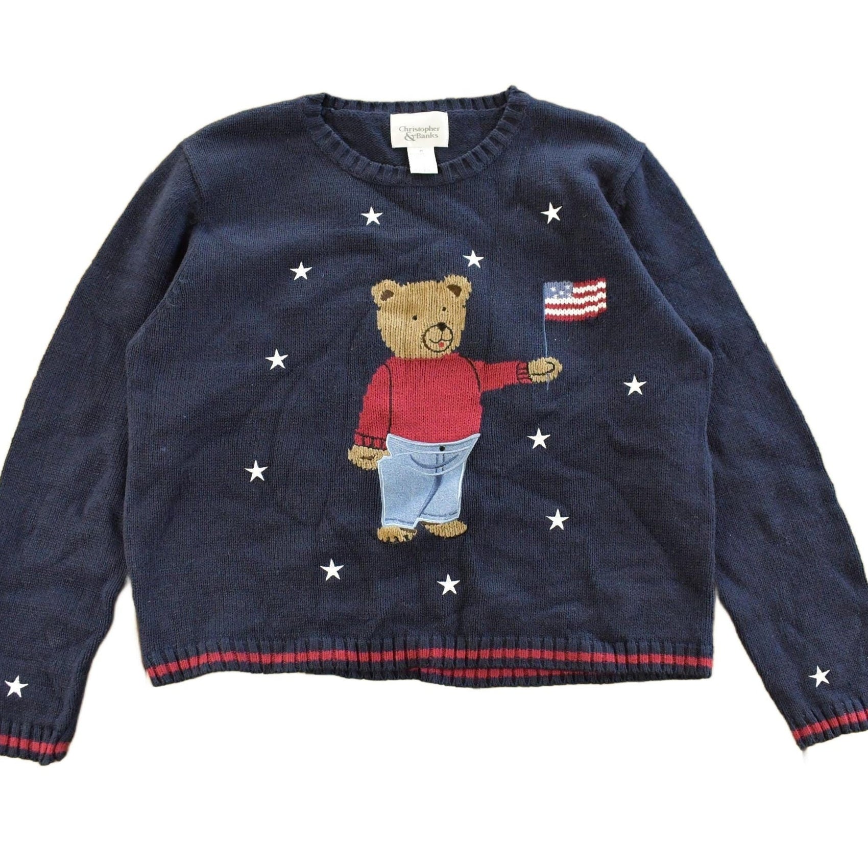 Vintage 1990s Christopher & Banks Teddy Bear USA Knit Crewneck Sweater Women's S from propervintagecanada