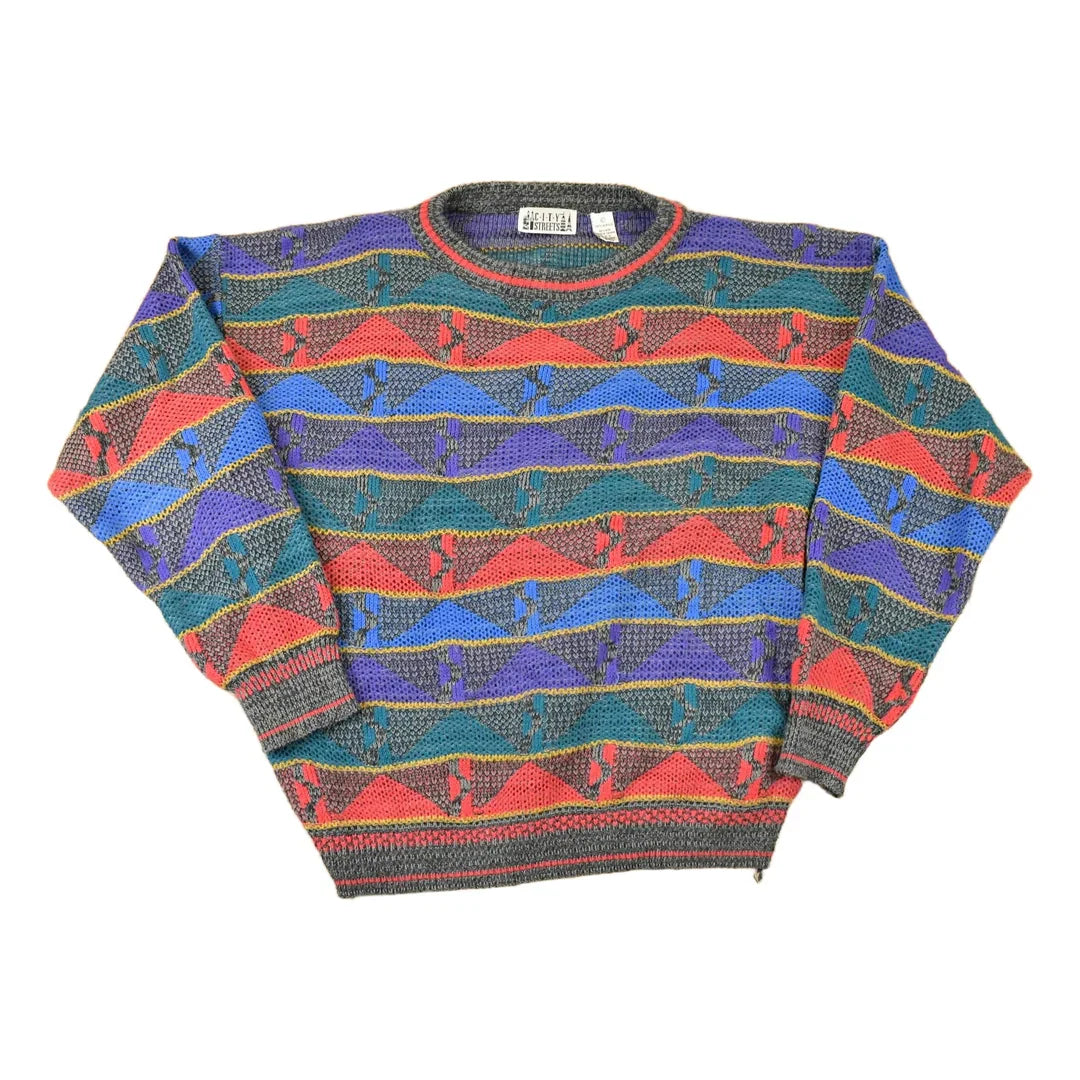 Vintage 1990s City Streets Abstract Knit Crewneck Sweater Mens L from propervintagecanada