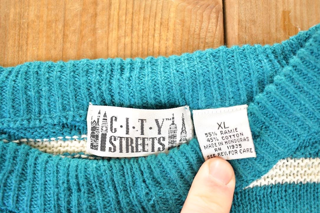 Vintage 1990s City Streets Striped Knit Crewneck Sweater Men's L from propervintagecanada
