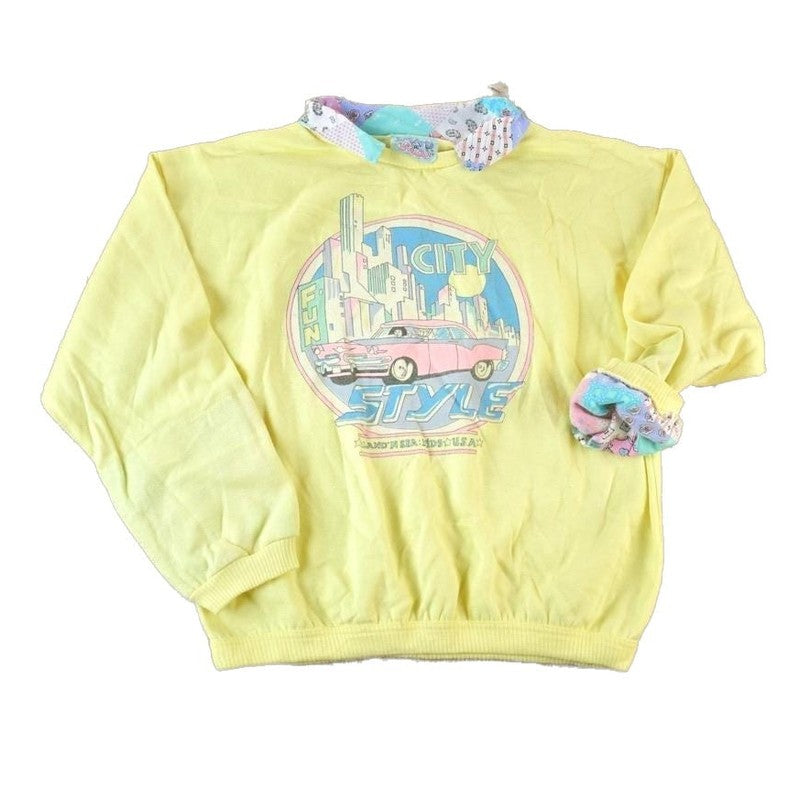 Vintage 1990s City Style Super Unique Collared Pink Cadillac Crewneck Sweatshirt Made In USAMen's Medium from propervintagecanada