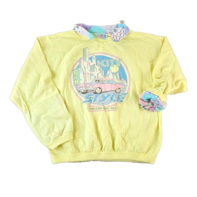 Vintage 1990s City Style Super Unique Collared Pink Cadillac Crewneck Sweatshirt Made In USAMen's Medium from propervintagecanada