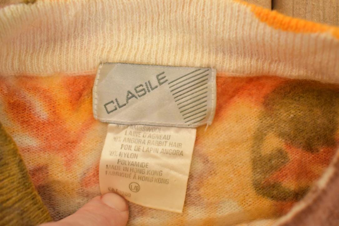 Vintage 1990s Clasile AOP Fall Theme Lambswool Knit Crewneck Sweatshirt Womens M from propervintagecanada