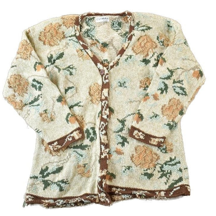 Vintage 1990s Climax AOP Floral Knit Perfect Mild Distress Cardigan Sweater Made In USA from propervintagecanada