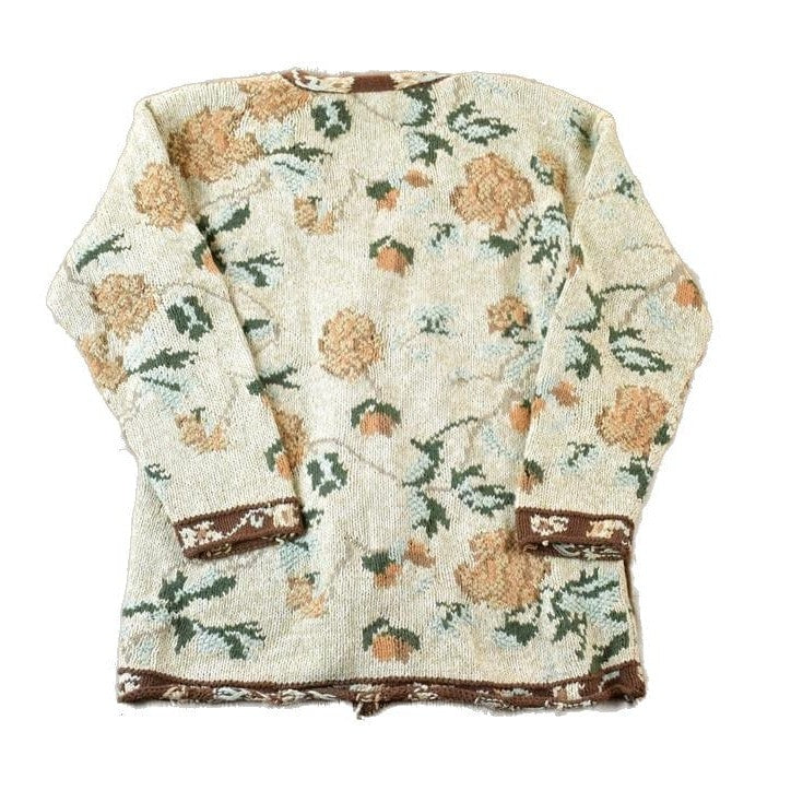 Vintage 1990s Climax AOP Floral Knit Perfect Mild Distress Cardigan Sweater Made In USA from propervintagecanada