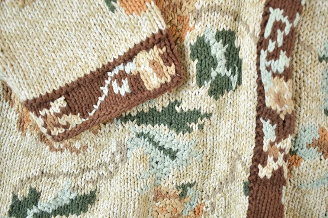 Vintage 1990s Climax AOP Floral Knit Perfect Mild Distress Cardigan Sweater Made In USA from propervintagecanada