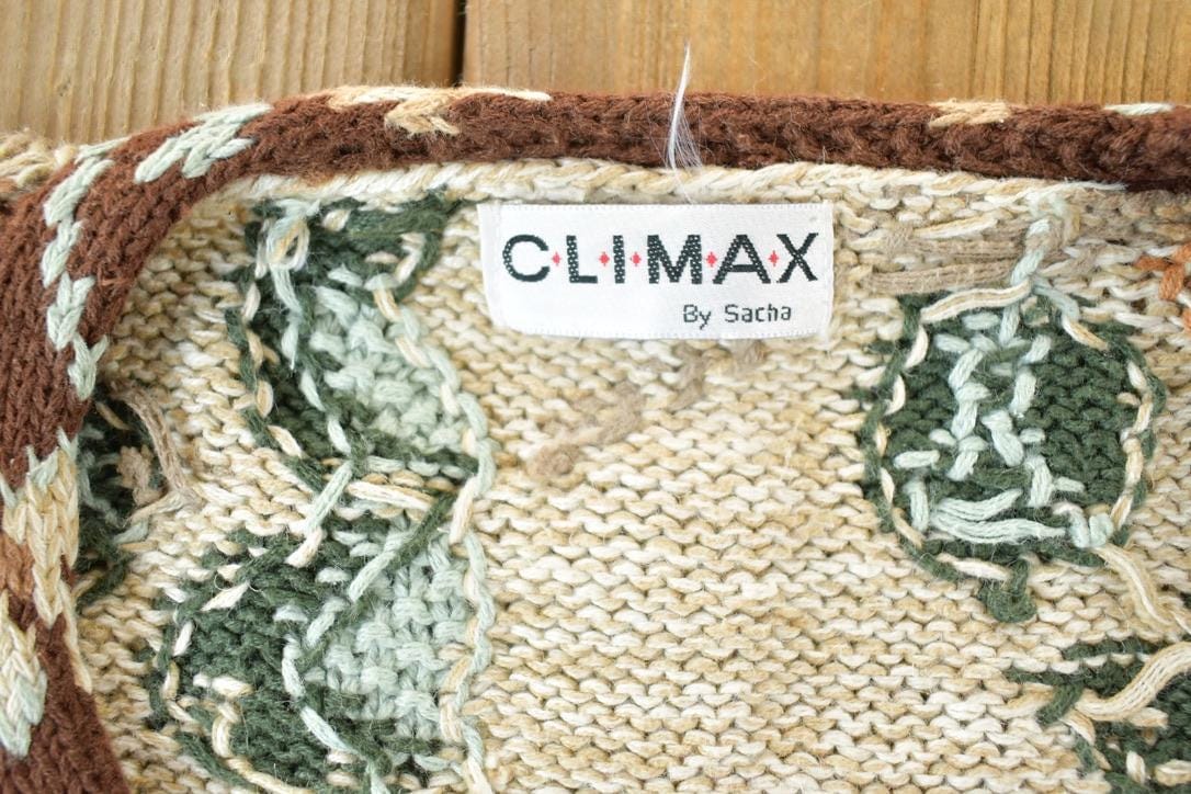 Vintage 1990s Climax AOP Floral Knit Perfect Mild Distress Cardigan Sweater Made In USA from propervintagecanada