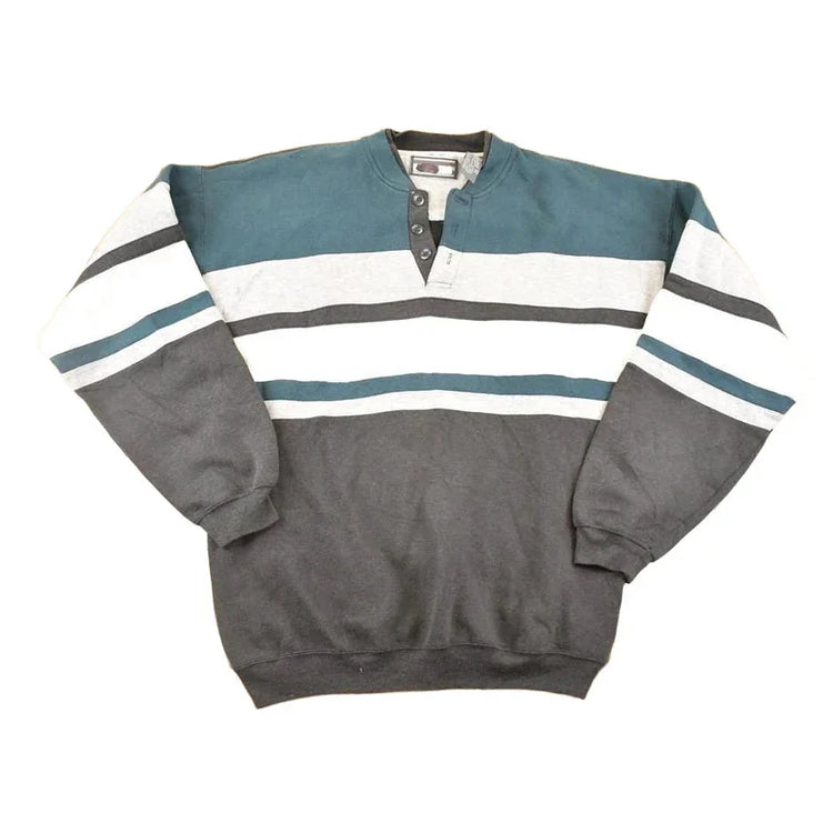Vintage 1990s Color Block Souvenir Quarter Button Crewneck Sweatshirt Men's L / 90's Tourist Vacation Graphic Sweater from propervintagecanada