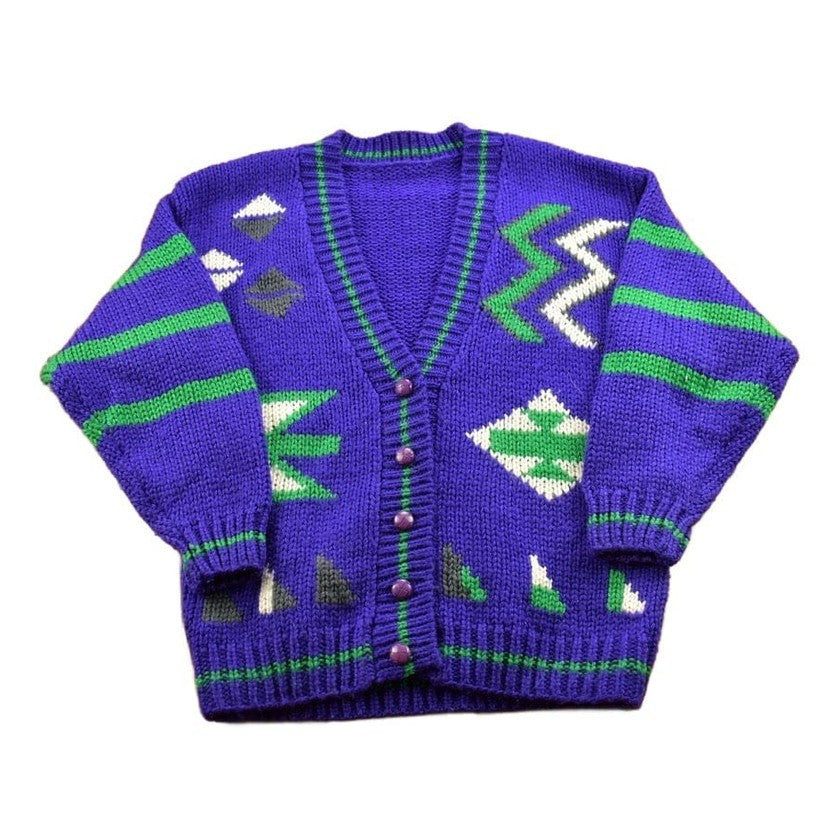 Vintage 1990s Colourful Abstract Knitted Cardigan Sweater Men's Small from propervintagecanada