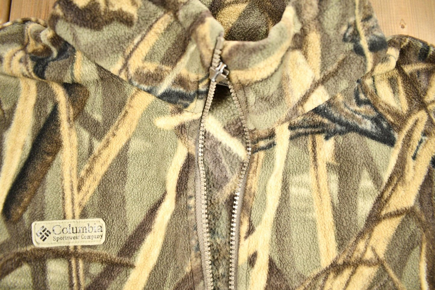 Vintage 1990s Columbia Sportswear Tree Camo Fleece Sweater Men's 2XL from propervintagecanada