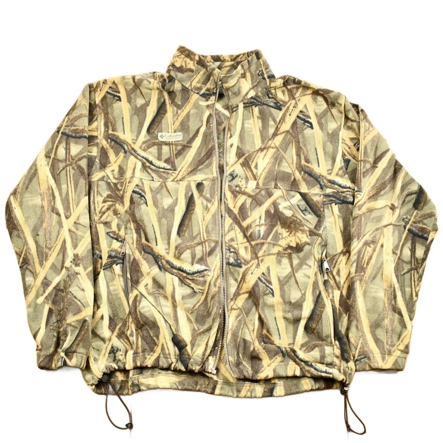 Vintage 1990s Columbia Sportswear Tree Camo Fleece Sweater Men's 2XL from propervintagecanada