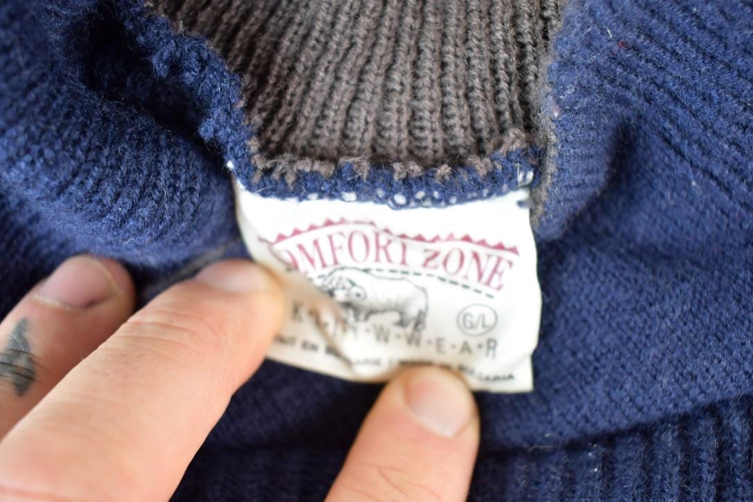 Vintage 1990s Comfort Zone Reindeer Sledding AOP Knit Abstract Pattern Collared Crewneck Sweater Mens L from propervintagecanada