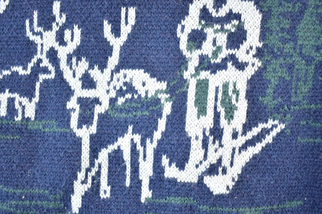 Vintage 1990s Comfort Zone Reindeer Sledding AOP Knit Abstract Pattern Collared Crewneck Sweater Mens L from propervintagecanada