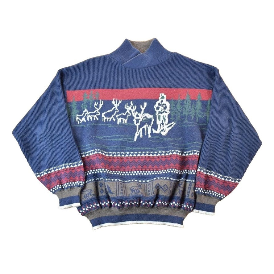 Vintage 1990s Comfort Zone Reindeer Sledding AOP Knit Abstract Pattern Collared Crewneck Sweater Mens L from propervintagecanada