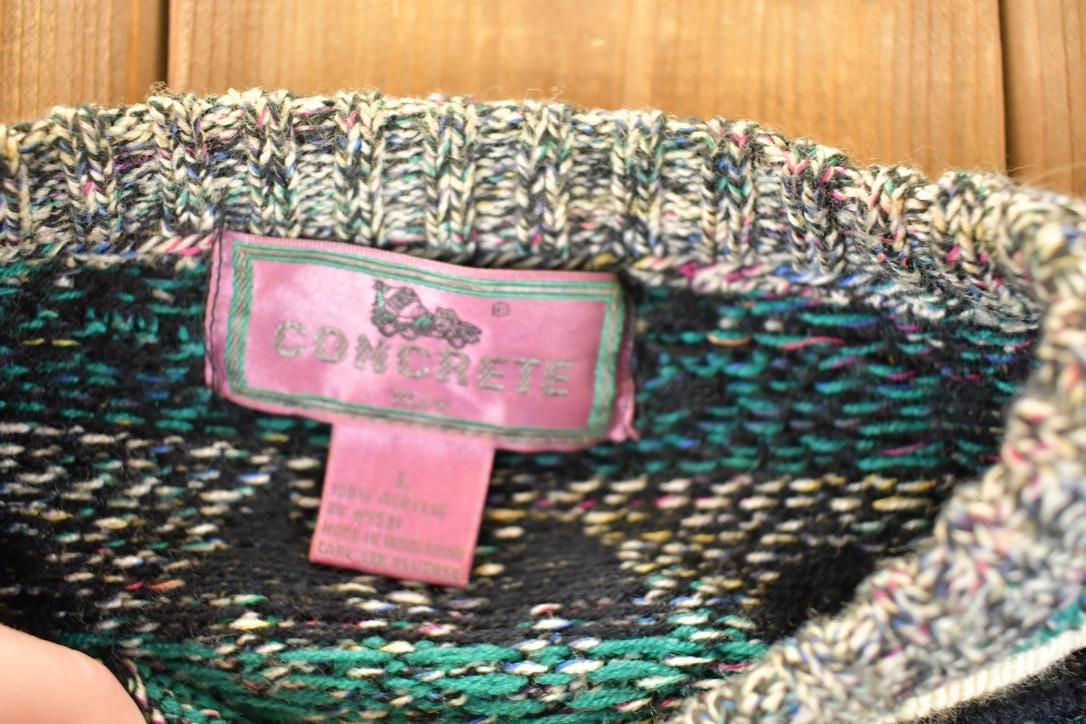 Vintage 1990s Concrete Abstract Striped Pattern Knit Crewneck Sweater Mens L from propervintagecanada