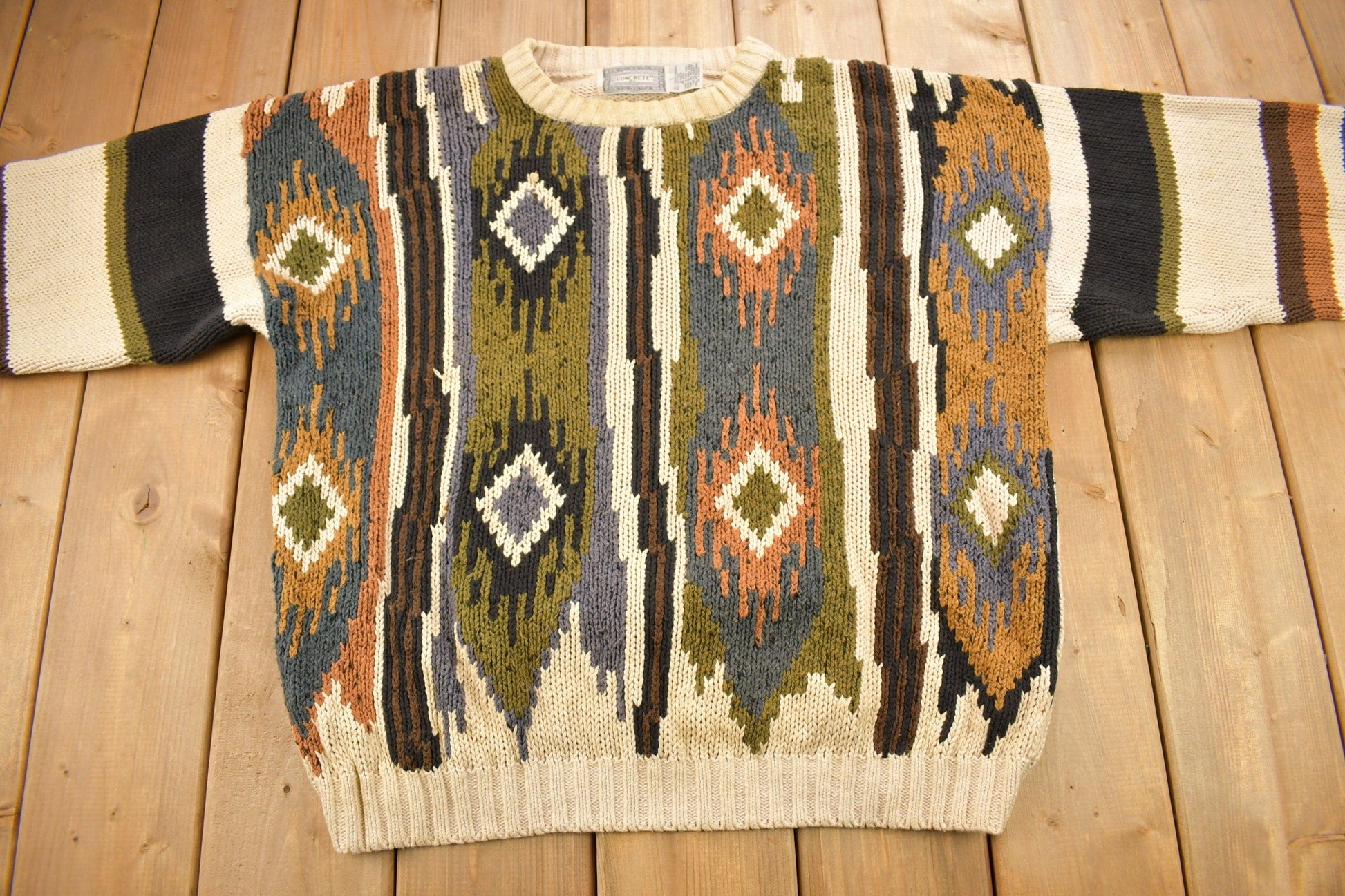 Vintage 1990s Concrete Aztec Pattern Knit Crewneck Sweater Men's Large from propervintagecanada
