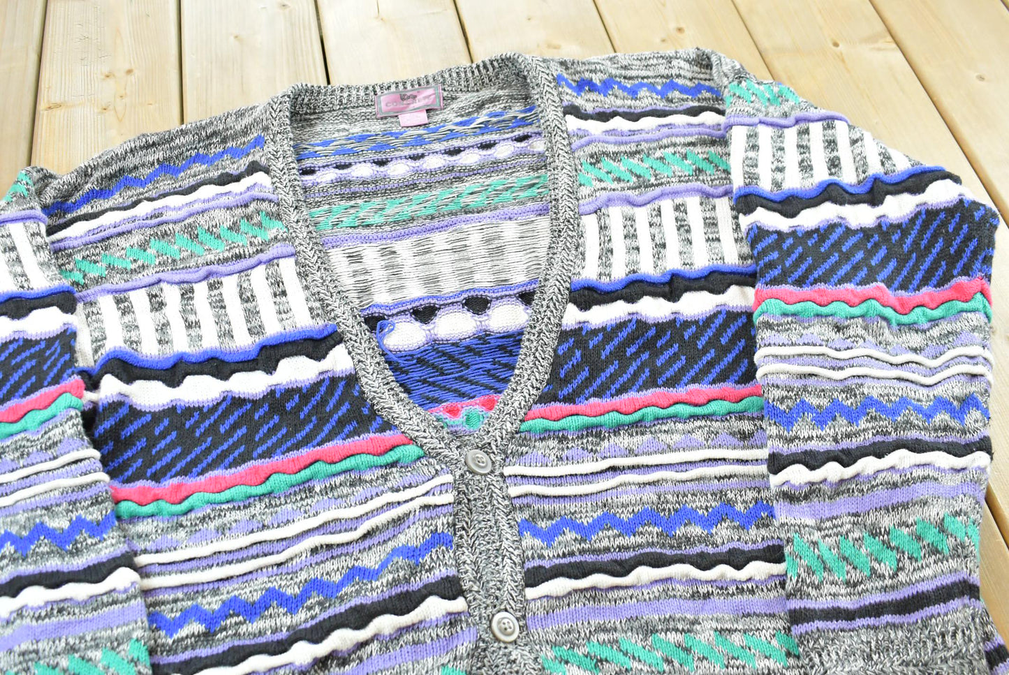 Vintage 1990s Concrete Coogi Style Textured Knit Button Up Cardigan Sweater Men's L from propervintagecanada