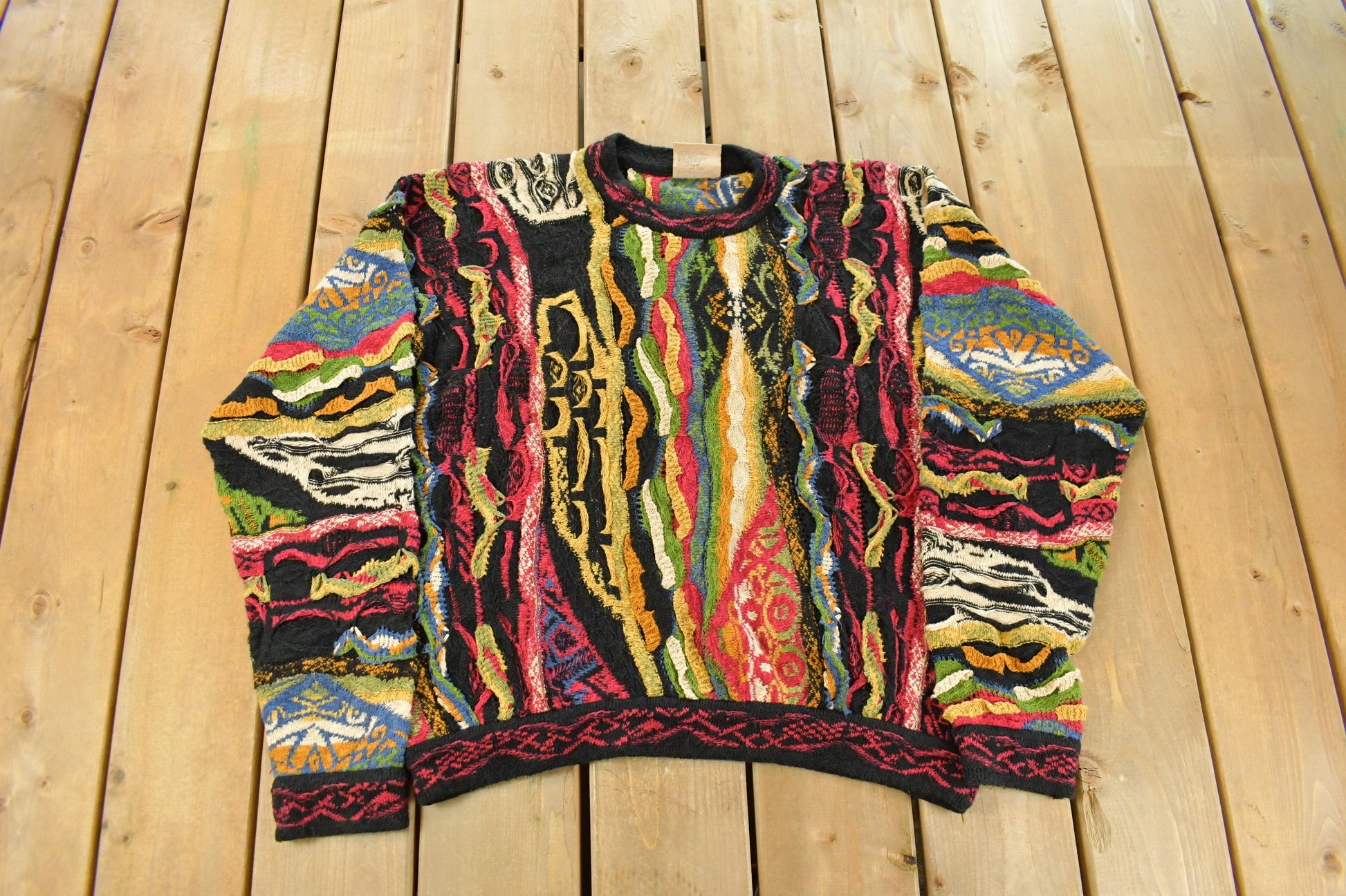 Vintage 1990s Coogi 3D Knit Abstract Crewneck Sweater Men's Large from propervintagecanada