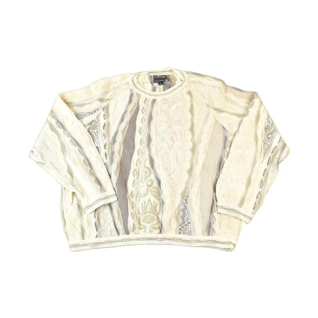 Vintage 1990s Coogi Made In Australia 3D knit 100% Cotton Cream Colour Abstract Pattern Knit Crewneck Sweater Men's Large from propervintagecanada