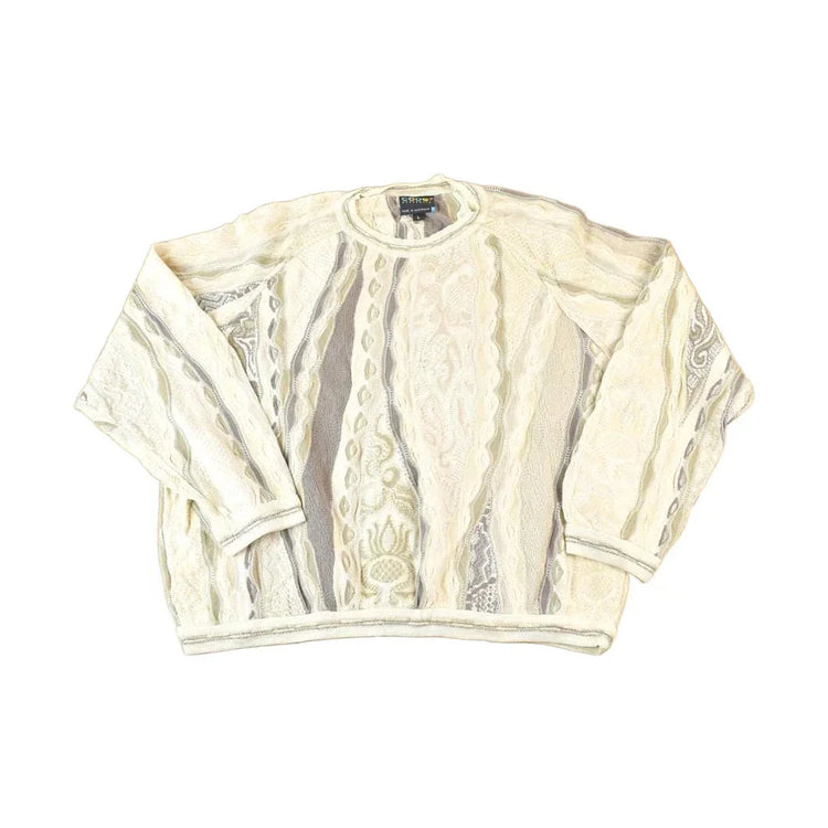 Vintage 1990s Coogi Made In Australia 3D knit 100% Cotton Cream Colour Abstract Pattern Knit Crewneck Sweater Men's Large from propervintagecanada